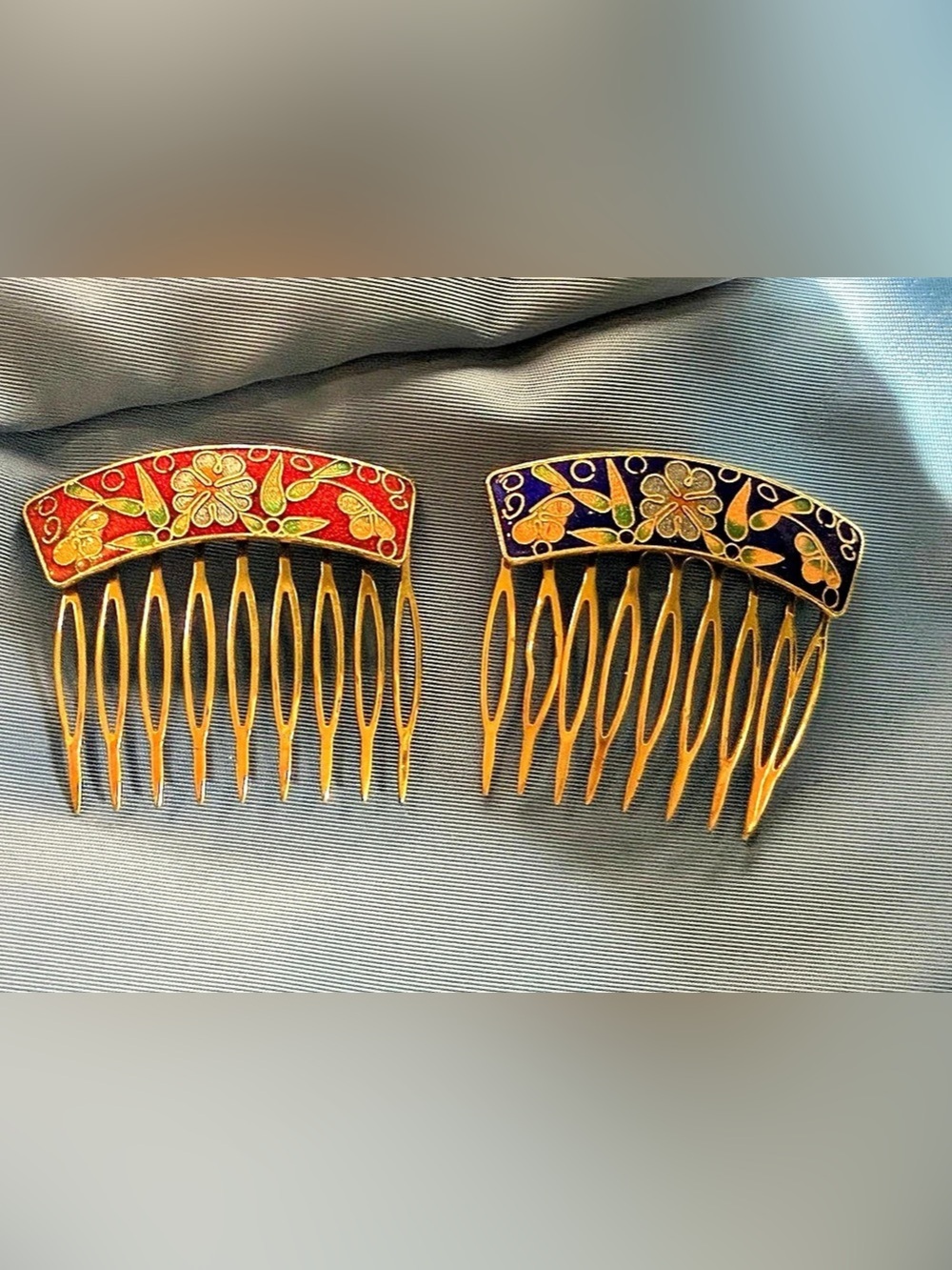Vintage cloisonné enamel hair combs